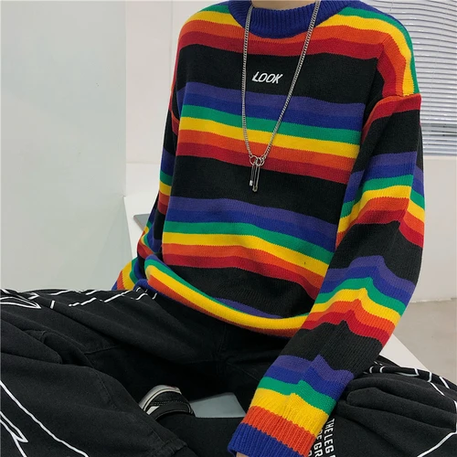 JoinYouth Harajuku, мужские и женские свитера, парные радужные полосатые пуловеры,, Осень-зима, со вставками, для студентов, Pull Femme J379 - Цвет: Black