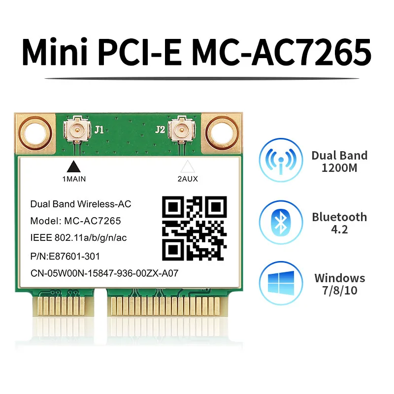 Wireless Dual Band 1200Mbps MC-AC7265 Mini PCI-E Wifi Bluetooth 4.2 Card 2.4G 5Ghz 802.11ac