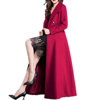 

plus size 3XL!x-long double breasted woolen coat women winter warm belted slim wool blends coat