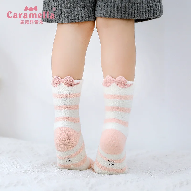 Caramella 4Pairs New Winter Fleece Kids Socks Cute 3D Ear Animal Thick Warm Socks Baby Girl Boy Funny Happy Socks Gift Box Set