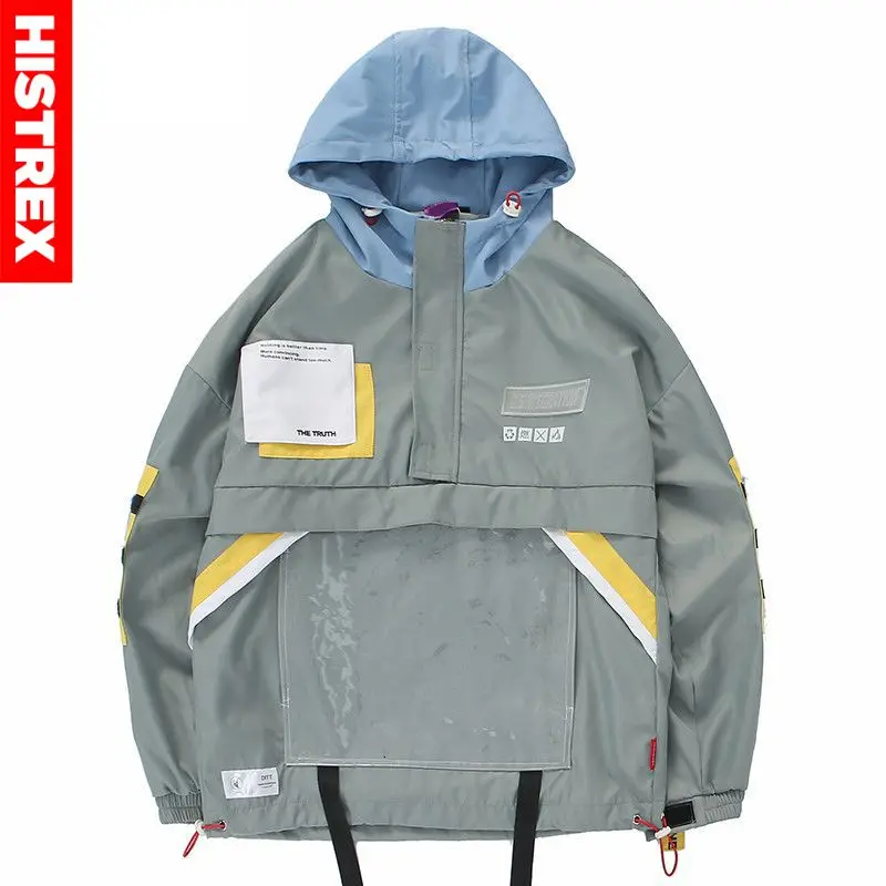 

Hip Hop Streetwear Hooded Jacket 2020 Spring Mens Harajuku Jacket Windbreaker Multi Pocket Buckle Track Jacket Coat Swag Ribbon