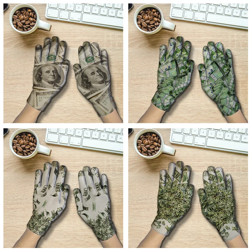 

New Knitting Men's Gloves Cash Banknote Print Pattern Fashion Gloves Women's Autumn Winter Touch Screen Elasticity Gloves