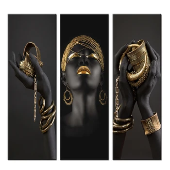

African Woman Paintings On the Wall Art Posters And Prints Black Hands Holding Golden Jewellery Canvas Pictures for Home Decor