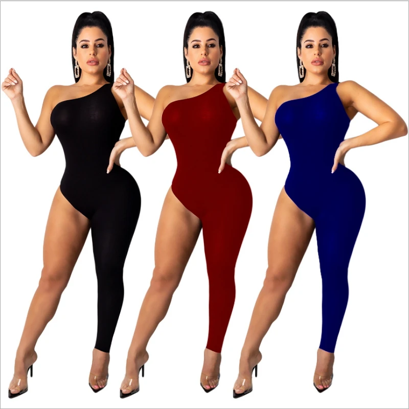 

2019 Fall Solid Color One Shoulder Bandage Jumpsuits For Women Asymmetrical Bodycon Bodysuit Backless Leotard Club Wear Sexy