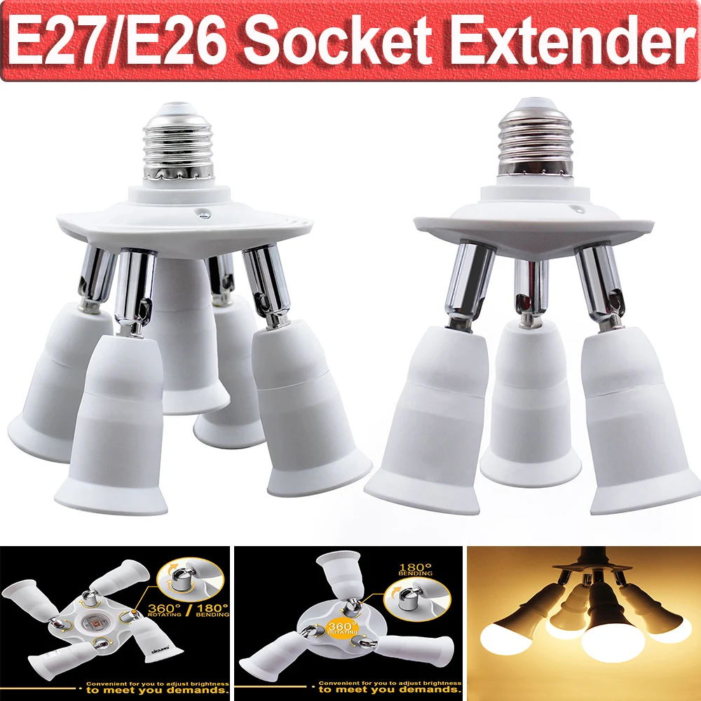 

Light Socket Splitter E27 E26 Base Adapter Converter 5 Bulb Adapter for Light Bulb 360 Degree Adjustable 180 Degree Bendable Q30