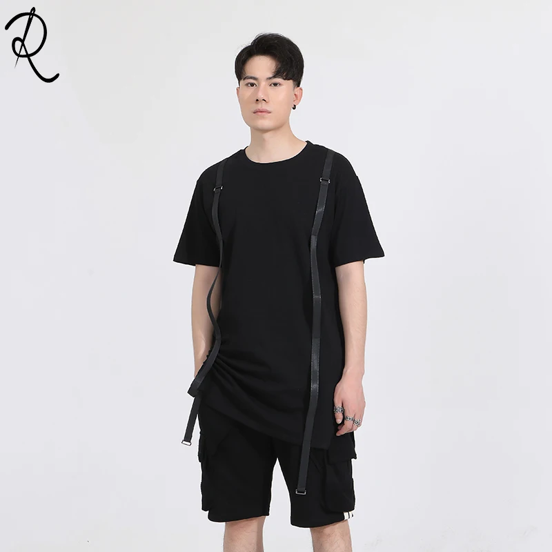 

2020 summer new original fashion brand dark street personality Weaving Belt Patchwork Round Collar t-shirt men's shirt short sle