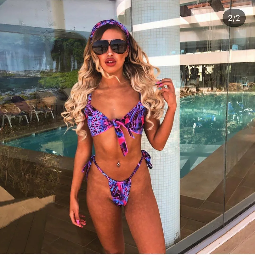 

Printing Lace-up Sexy Bikini Set With Hair Band Biquini Two Piece Thong Swimwear Women Swimsuit Female Swimming Suit Beach Wear