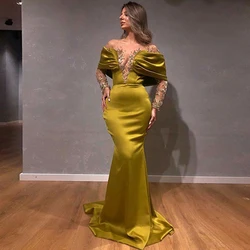Sexy Deep V Neck With Beads Prom Dresses Off  Shoulder Mermaid Party Gown For Woman Long Sleeves Plus Size Vestido De Noche 2021