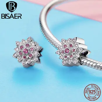 

BISAER 925 Sterling Silver Pink Cubic Zirconia Flower Lotus Charm for 3mm Original Snake Bracelet and Bangle Girl Gifts GAC038