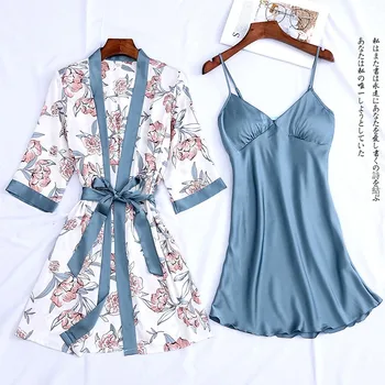 

2PCS Sleepwear Women Sexy Kimono Gown Satin Bathrobe Nightdress Silky Print Nighty&Robe Set Intimate Lingerie Home Clothes