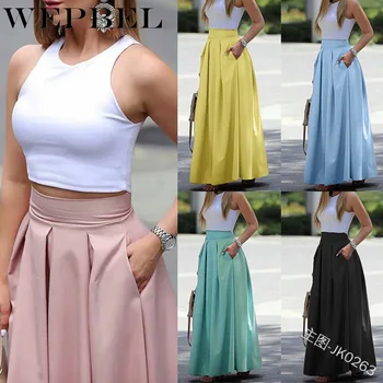 

WEPBEL Women Fashion Summer Dress High Waist Pleated Dress Casual Business Long Dress Solid Color Maxi Dress Loose Skirts