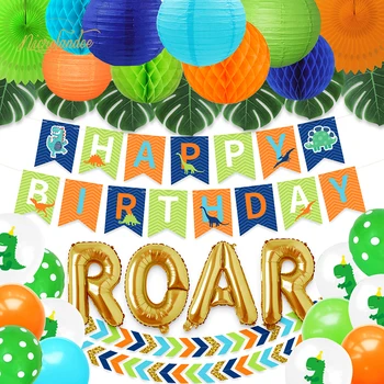 

NICROLANDEE Dinosaur Birthday Party Decorations Gold ROAR Balloons Garland Lantern Fan Honeycomb Ball Summer Green Decor DIY