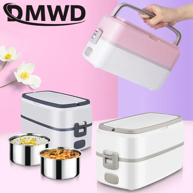 

DMWD Electric Heating Lunch Box Two Stainless steel Food Container Mini Hot Rice Cooker Steamer Meal Lunchbox Bento Warmer EU US