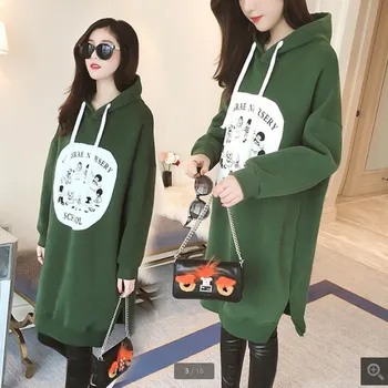 

New Arrival Autumn Winter Women Sweatshirts Turtleneck Printed plus velvet padded hooded Sweatshirt women's long loose dress