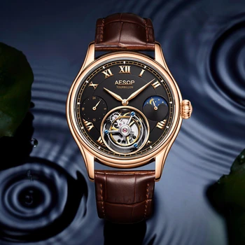 

High Luxury Business Tourbillon Mechanical Men Wrist Watches Dial Mechanical Hand Wind Leather Mens Moon Phase Wristwatch 7020