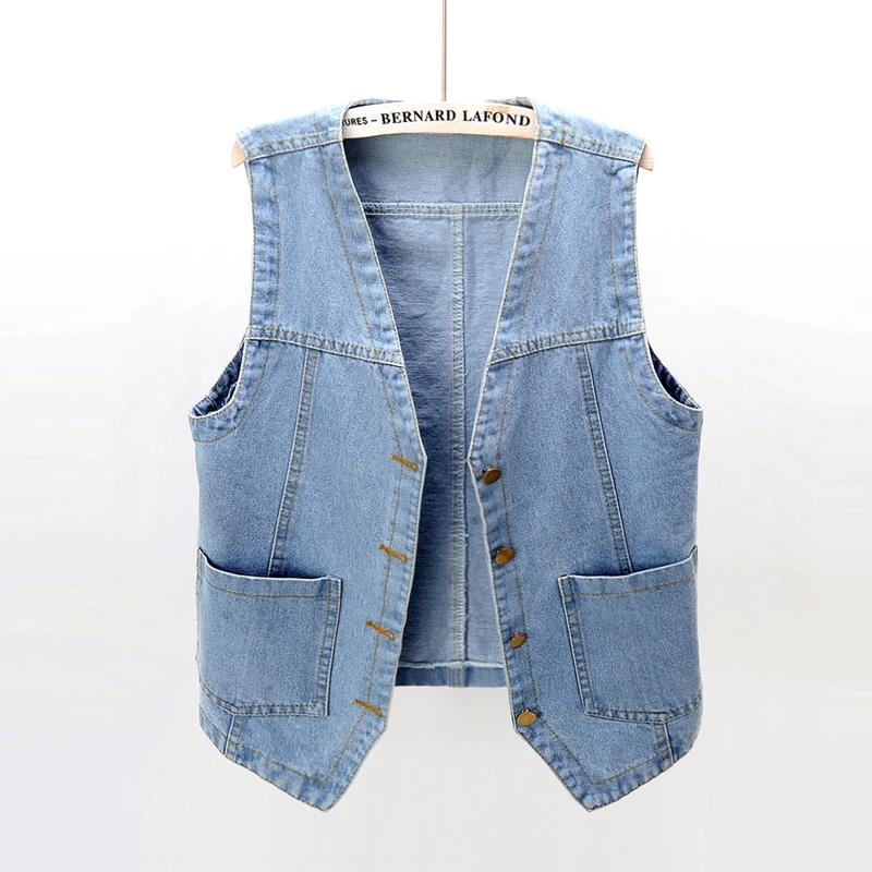 

Women Sleeveless Denim Jacket Slim Short Plus Size Vest Female Jeans Waistcoat Vintage Summer Gilet Femme A96