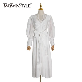

TWOTWINSTYLE Hollow Out Dresses For Female V Neck Lantern Long Sleeve High Waist Lace Up Bowknot Dress Women Fashion Clothes New