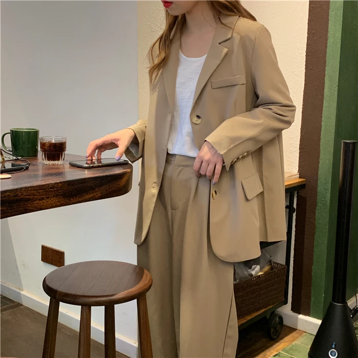 HziriP Autumn All Match Office Lady OL Style Solid Elegant Blazer+Straight Casual Loose Trouser Women Suits 2 Piece Sets