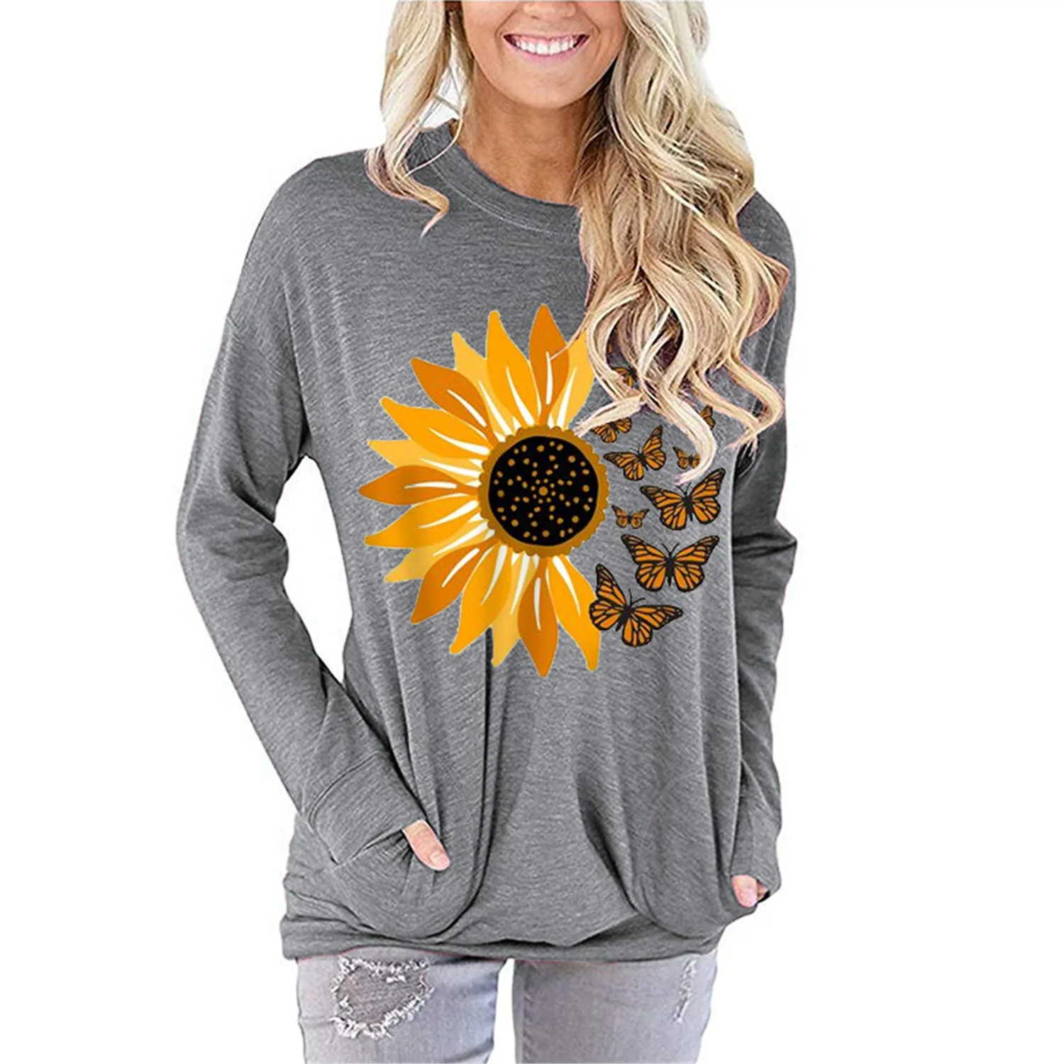 Spring and Autumn T-shirt Tops for Women Season Printed Loose Round Neck Long Sleeve | Женская одежда