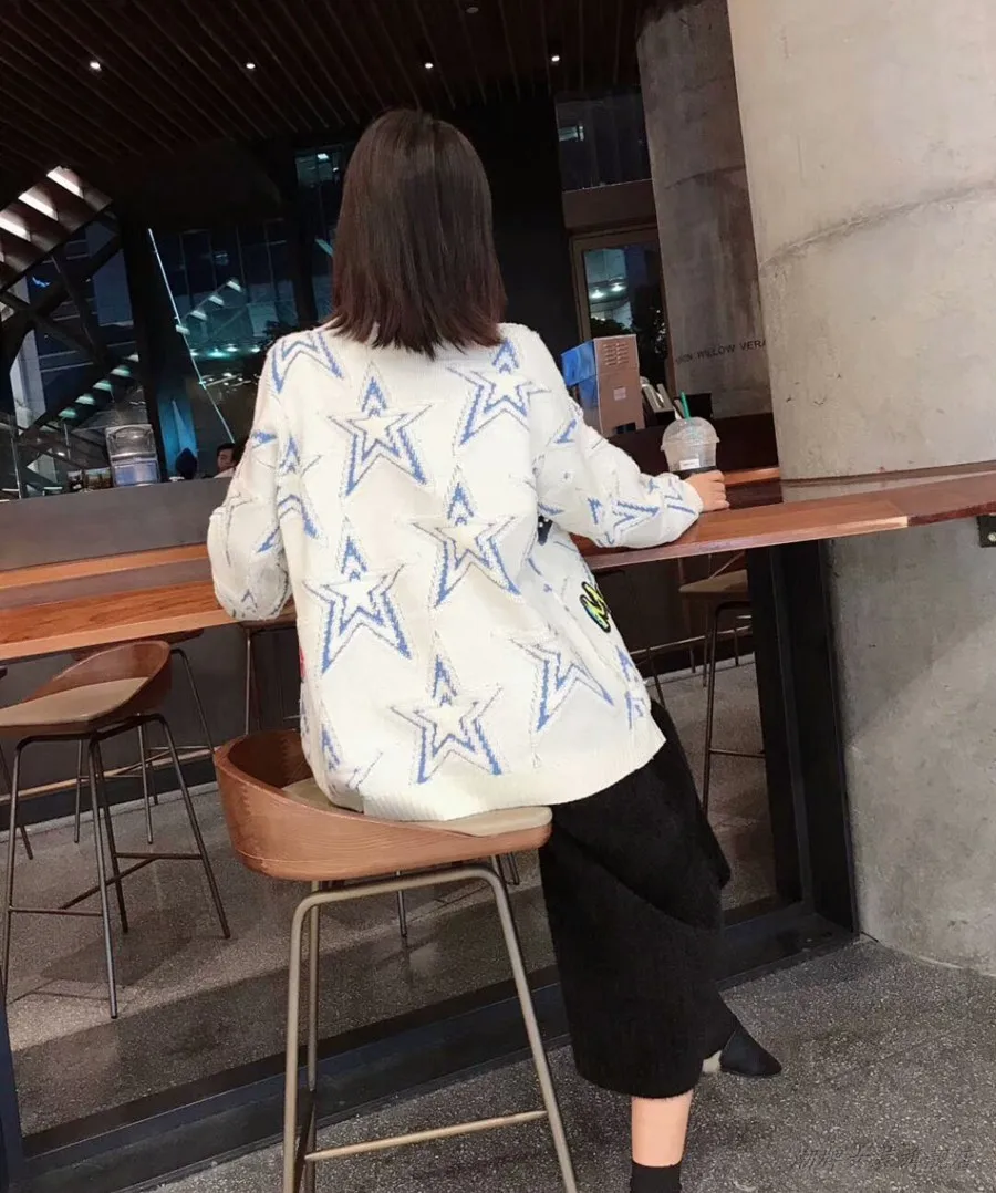 QING MO Winter Women Cardigans Sweater Women Cartoon Printed Sweater White Female V Neck Knitted Sweater Lovely ZQY2149