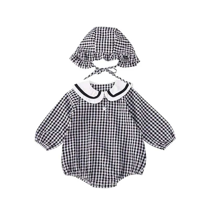 

Cotton Baby Girl Clothes AutumnNew Plaid Kids Ruffle Romper Jumpsuit with Hat Playsuit For Newborn 0-24M