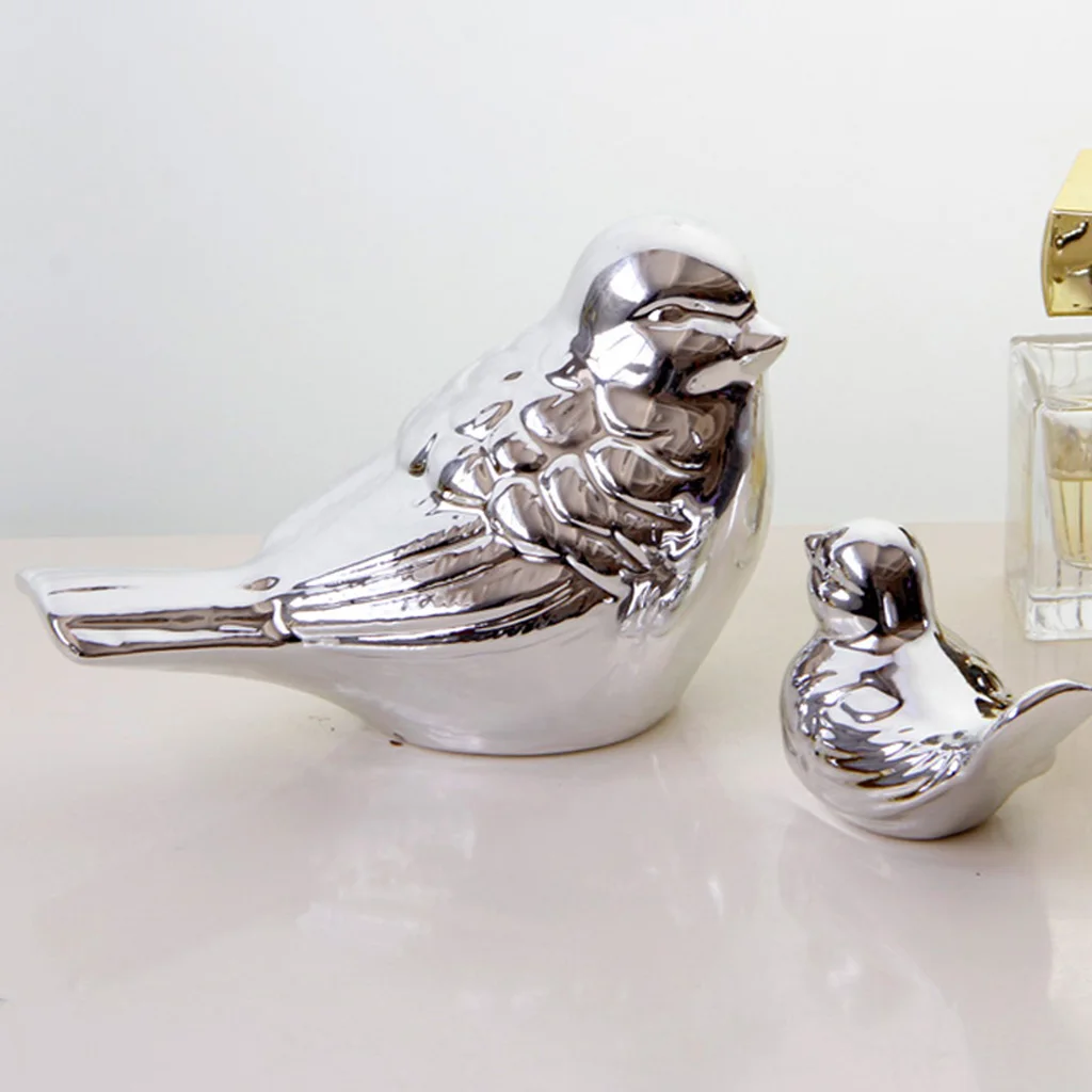 Small Silver Ceramic Chubby Bird Figure Ornaments Animal Model Gift for Home Garden Statue Decorative Crafts