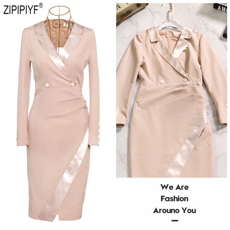 Autumn Fashion Women Dresses Turn Down Neck Double Buttons Long Sleeve Bodycon Pencil Dresses Office Lady Dresses Z2862