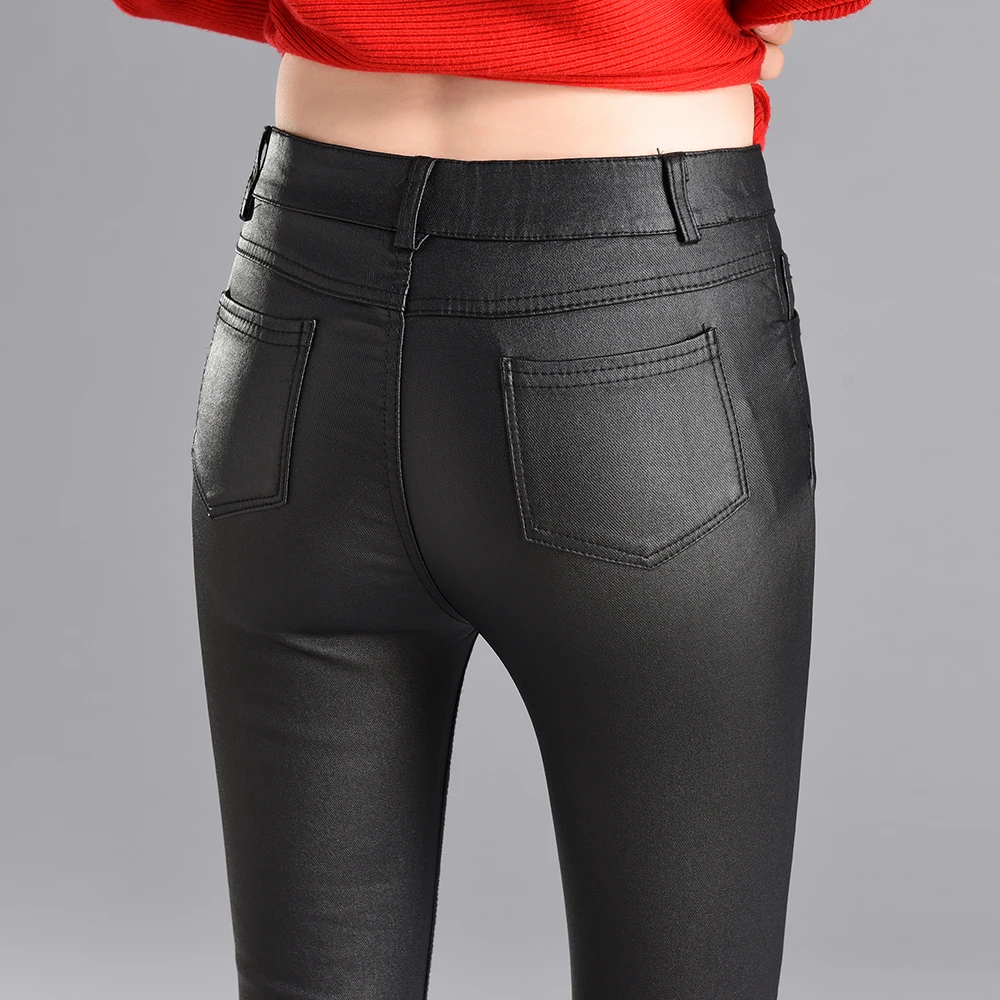 Зимние женские брюки и капри из искусственной кожи PU эластичные брюки с высокой талией эластичные узкие брюки-Карандаш Леггинсы женские черные