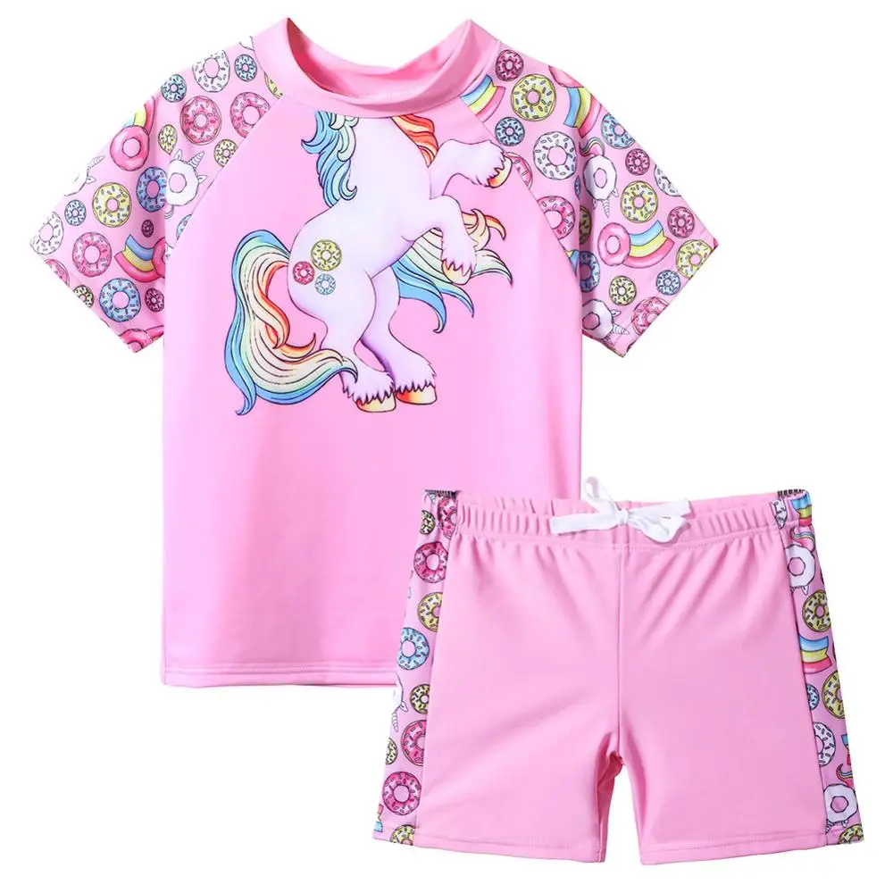 

BAOHULU Short Sleeve Girls Kids Swimsuit Cartoon Horse Donuts Swimwear Teens Rash Guards Set Swimming Suits for Children 3-12Y