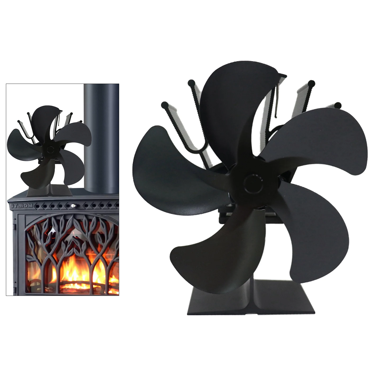 Black Fireplace 5 Blade Heat Powered Stove Fan Log Wood Burner Eco Friendly Quiet Fan Home Efficient Heat Distribution