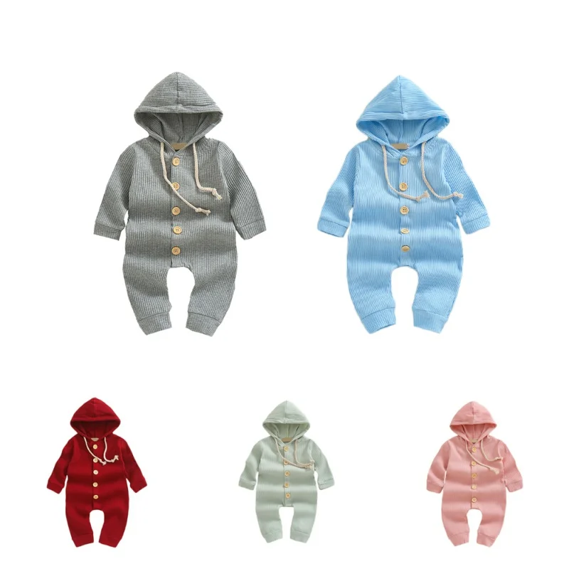 Baby Solid Romper Hooded Clothing Spring Autumn Newborn Knitted Cotton Romper Jumpsuit Baby Girl Boy Ribbed Clothes