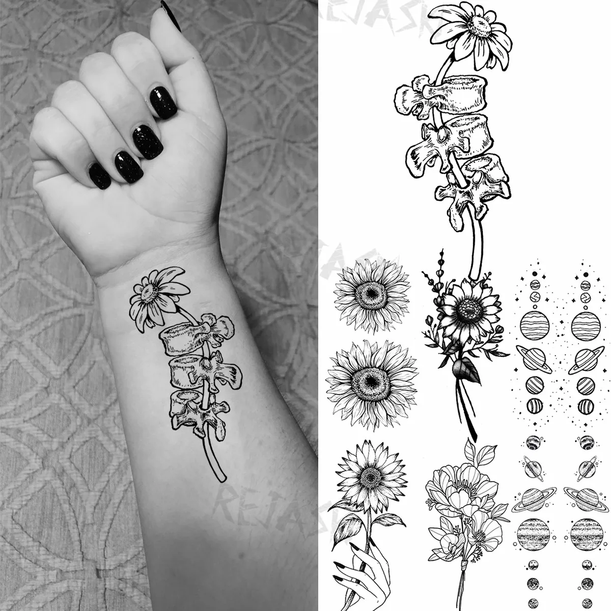 Tatouage Marguerite Noir Et Blanc Faux tatouages temporaires pour femmes, motif marguerite noire, mode  poignet, fille, tournesol univers planète, autocollant, Art corporel,  lavable | AliExpress