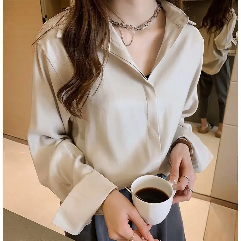

Autumn Woman Shirt Elegant Silks Satins Shirt Long Sleeve Solid Color Loose Blouse Official Lady