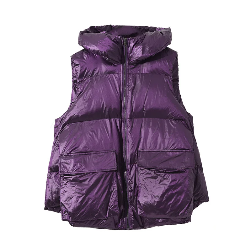 Vefadisa Big Pocket Winter Vest Woman Personality Sleeveless Cotton Vest Hooded Vest Coat Loose Black Gray Violet QYF1144