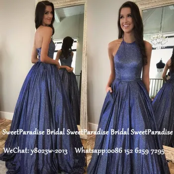 

Twinkling Sequined Women Long Evening Dress 2020 Corset Back Halter A Line Formal Prom Dresses Gown Robe De Soiree