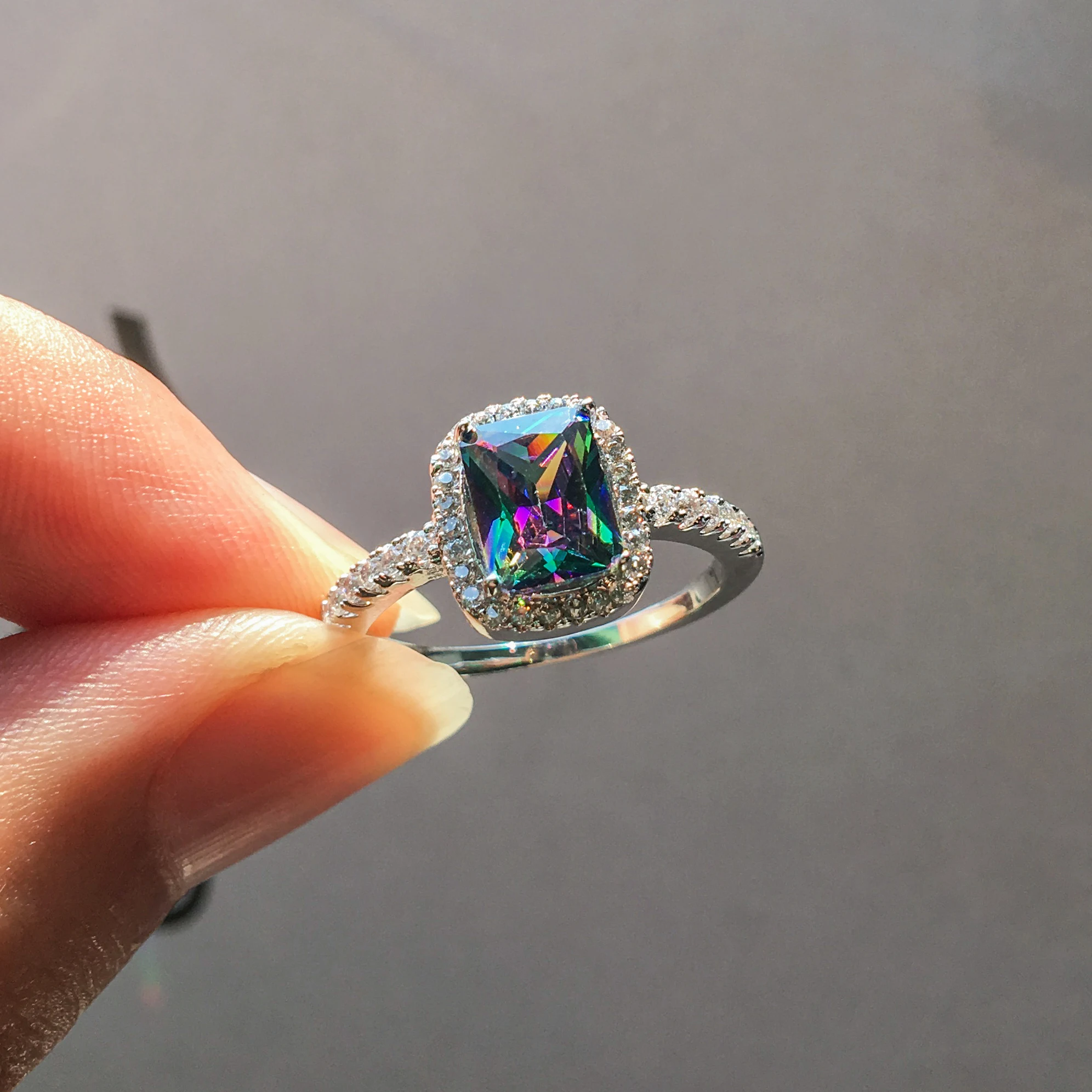 Charm Female Rainbow Colorful Stone Ring Boho 925 Sterling Silver Wedding Band Ring Promise Love Engagement Rings For Women