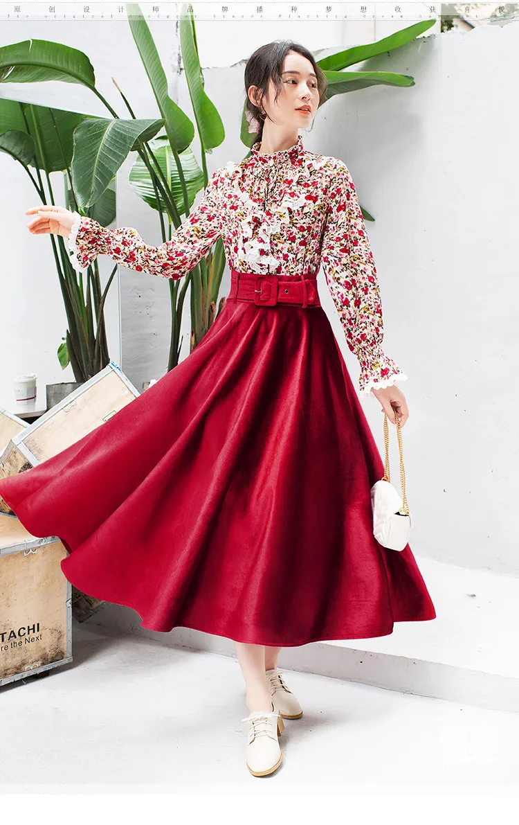 

TIYIHAILEY Free Shipping Boshow Long Mid-Calf Women Skirt With Belt Elastic High Waist Autumn Spring A-line Vintage Big Hem Red