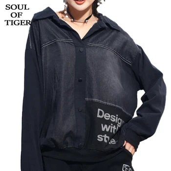 

SOUL OF TIGER 2020 Spring New Fashion Punk Streetwear Ladies Denim Patchwork Shirts Women Hooded Mesh Blouses Female Cotton Tops