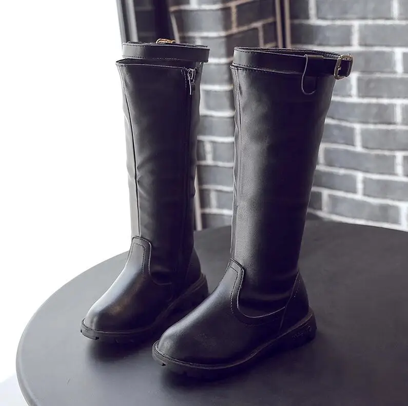 Размеры 27-37, сапоги для больших девочек черные сапоги до колена для девочек на осень-зиму Ботинки martin в байкерском стиле ботинки из мягкой искусственной кожи для девочек - Цвет: Черный