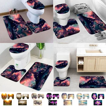 

3pcs Toilet Mat Christmas Landscape Decor Mat Set with Non-Slip Pedestal Rug Lid Toilet Cover Bath Mat Set for Home Decor #LR2