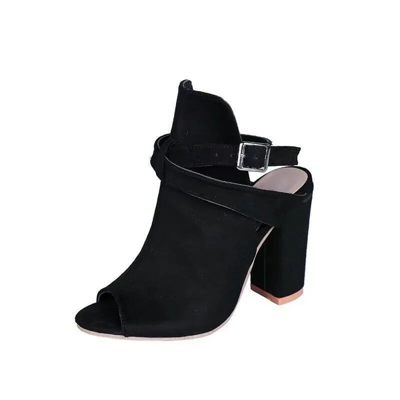 Женские ботильоны из искусственной кожи или замши; Повседневное открытые туфли с открытым носком на высоком каблуке модная обувь с пряжкой квадратный; резиновый черная обувь для Для женщин Большой Размер(43 - Цвет: Черный