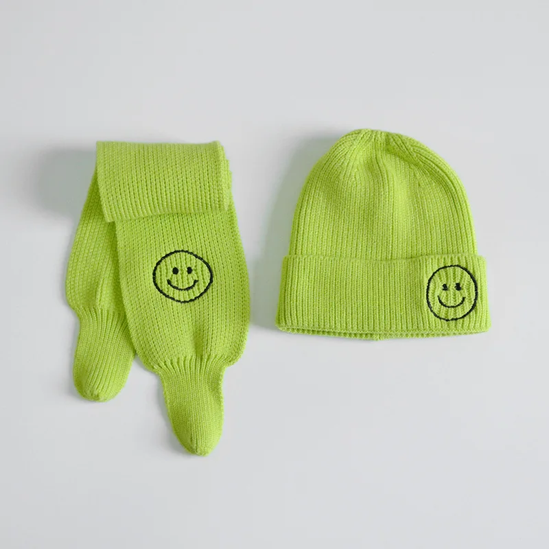 Winter Children Hat Scarf Sets Girls Cute Sweet Pink Smile Beanie Hats Boys Solid Knitted Warm Soft Hat Neck Scarves