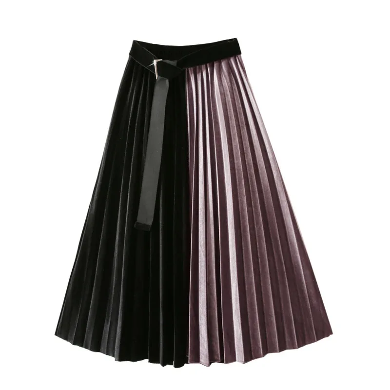 

2020 Korean Velvet Mid Long Skirt WomenFall Winter Pleated Elastic High Waist Casual Loose Office Lady Clothes Bottoms With Belt
