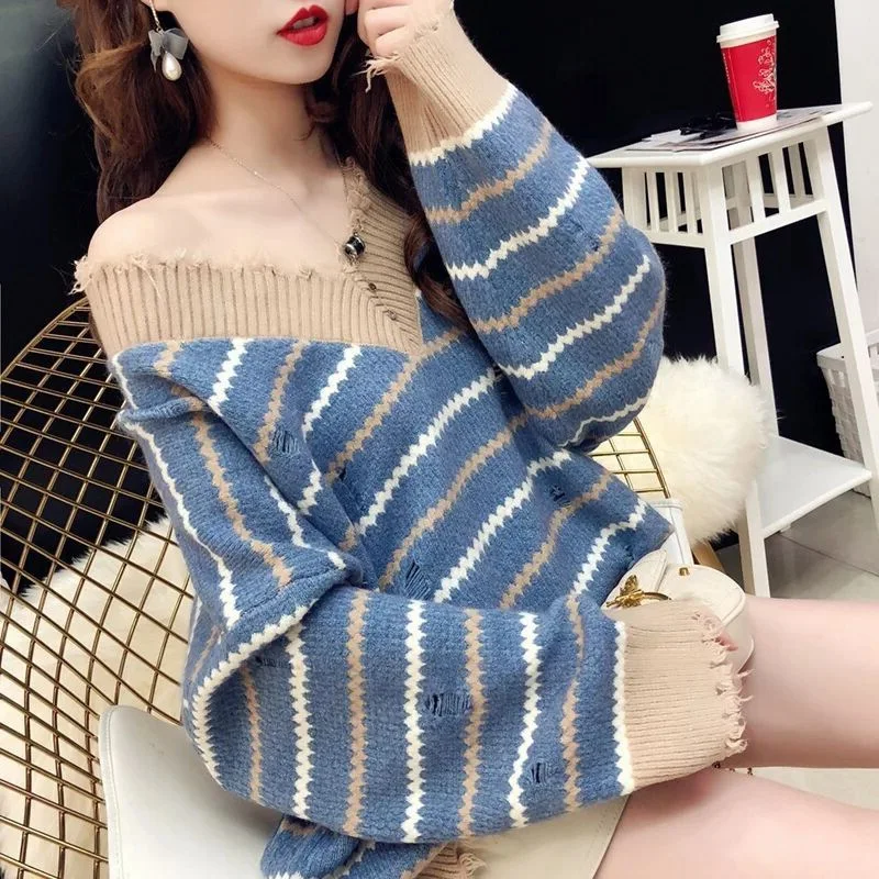 

CHRLEISURE Autumn Fashion Color Stripe Ladies Sweater Sexy V-Neck Long Sleeve Women Sweater Loose and Slim Woman's Clothes