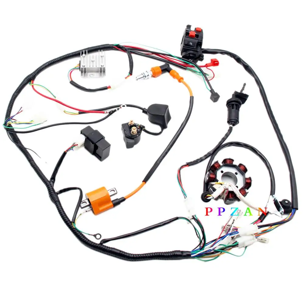 Complete Electrics Wiring Harness 8 Stator Ignition Coil CDI Tail Light Compatible with 4 Stroke 150cc 200cc 250cc 300cc ATV Quad Dirt Bike