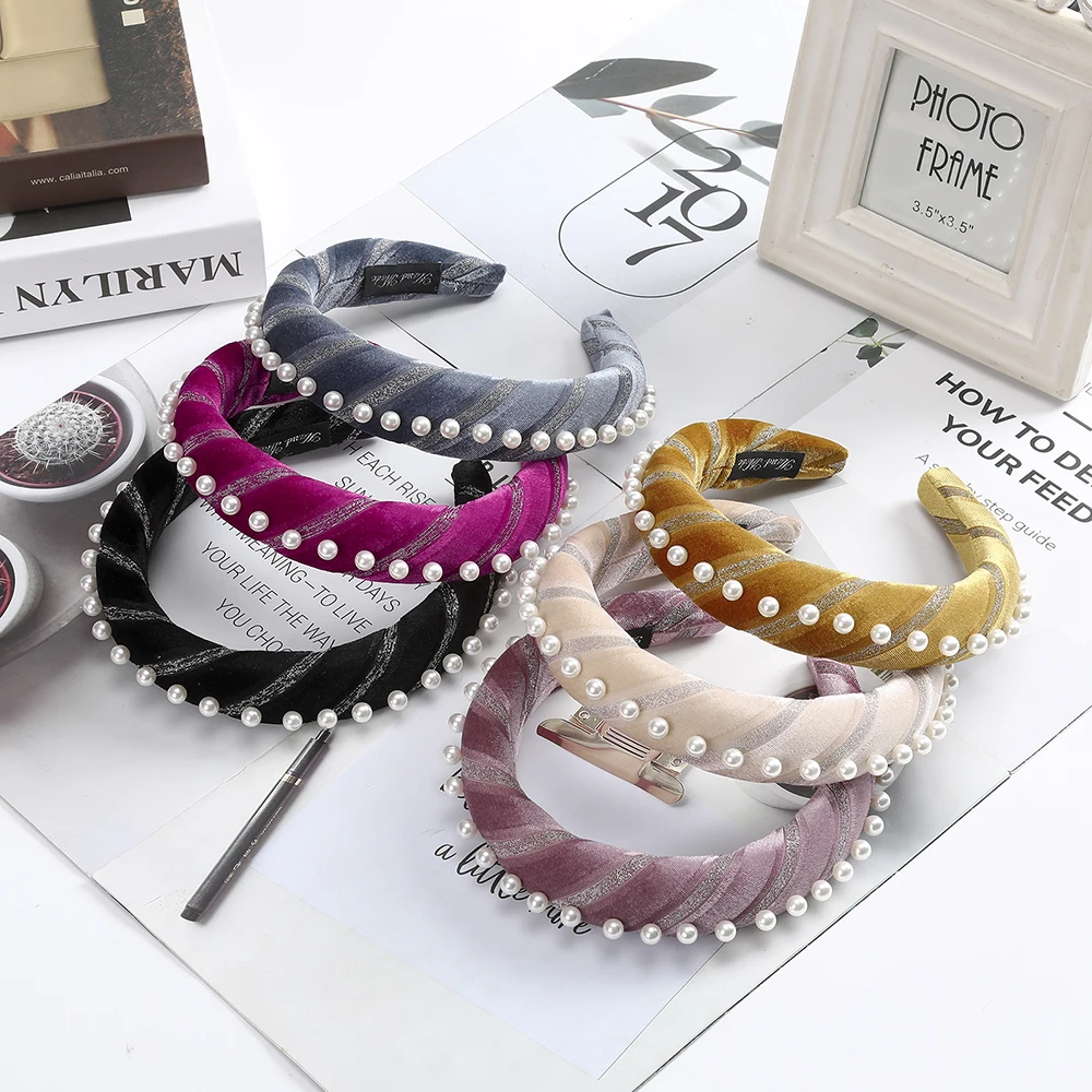 

AWAYTR Autumn Sponge Velvet Headband Solid Color Stripe Hair Accessories Pearls Inlaid Simple Head Bands For Women Headwear