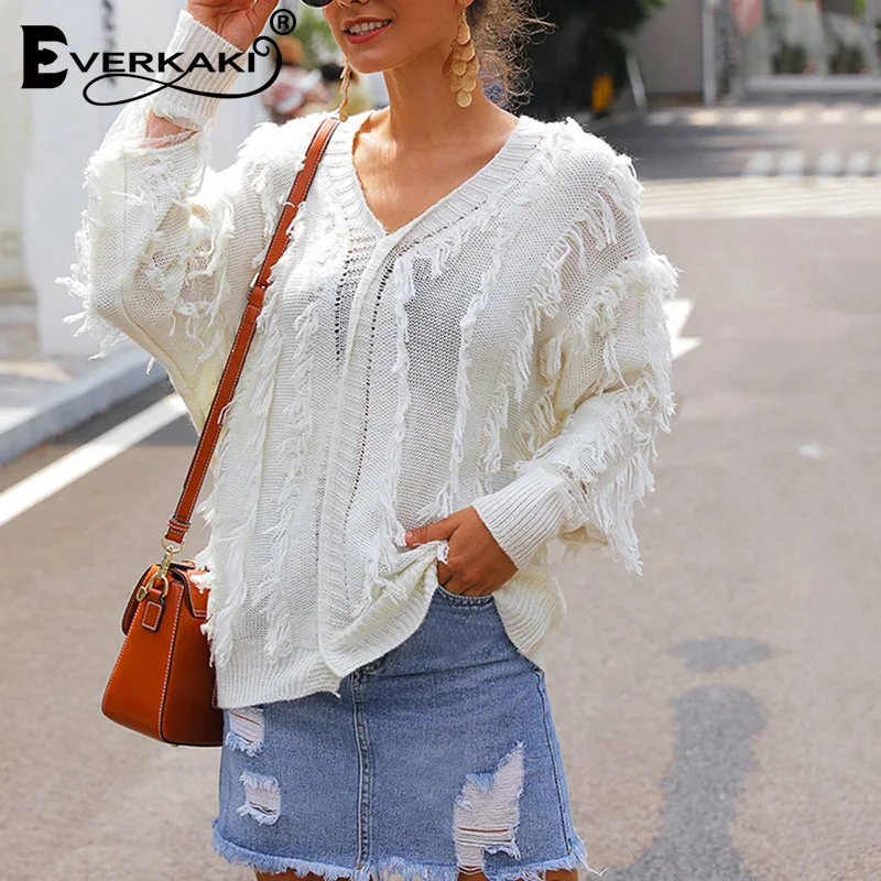 Everkaki кисточки вязаные свитера пуловеры женские Boho осень зима Твердые V шеи женские пуловеры свитера женские Новые