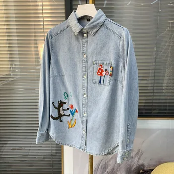 

Women embroidery jeans fashion blouse with button pocket top summer