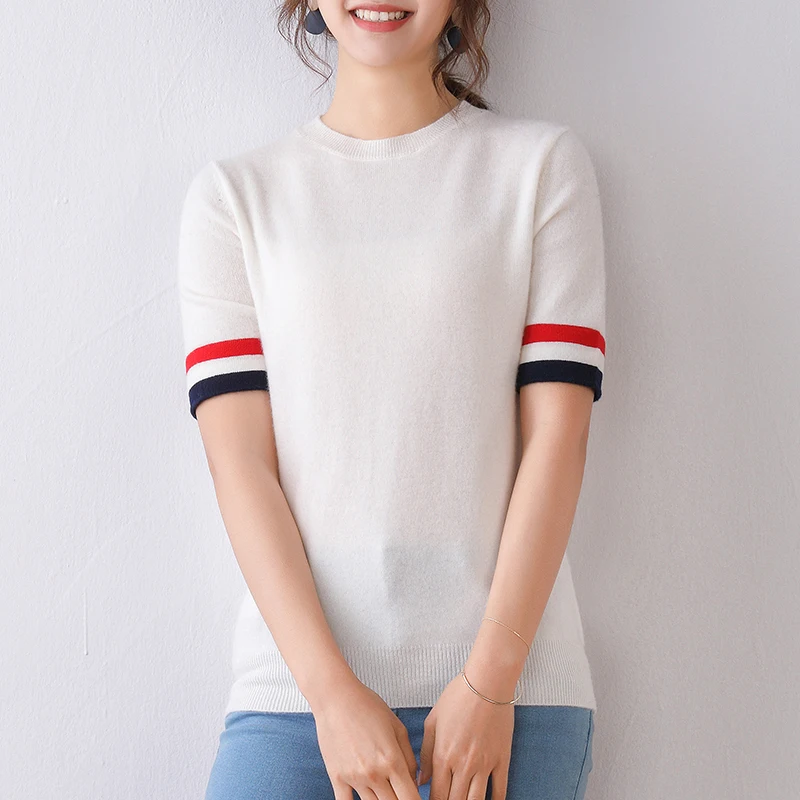 female T-shirt white knitted pullover short sleeves spring warm fashion women tops round neck short casual wool shirt female T-shirt white knitted pullover short sleeves spring warm fashion women tops round neck short casual wool shirt