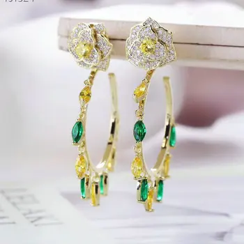 

1pair Colorful CZ Rose Shaped Earring Drop Dangle Luxury Tassel Hoop Earrings Drop Fashion Jewelry for Woman Gift